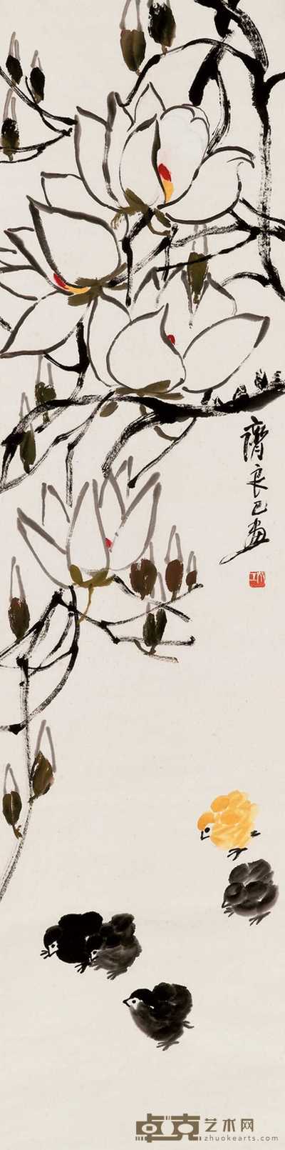 齐良已 群鸡图 立轴 129×34cm
